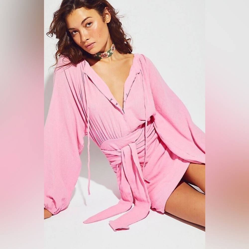 Free People The Only One Mini Dress Ruched Back Button Up Tie Front in Pink